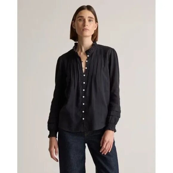 Quince Organic Textured Cotton Peasant Blouse Size S Black Long Sleeve Button Up - Picture 1 of 11